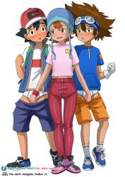 1girl 2boys ash_ketchum creatures_(company) crossover digimon digimon_adventure:_(2020) game_freak male_underwear multiple_boys nintendo pants penis_grab pokemon pokemon_(anime) pokemon_journeys red_pants simple_background takenouchi_sora the_dark_mangaka underwear white_background white_male_underwear yagami_hikari