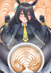 Rule 34 | 1girl, animal ears, aonuma kiyoharu, black hair, blush, breasts, clenched hands, convenient censoring, gloves, highres, horse ears, latte art, looking at viewer, manhattan cafe (umamusume), necktie, open mouth, outstretched arms, small breasts, solo, spread arms, spread legs, steaming body, sweat, umamusume, yellow eyes