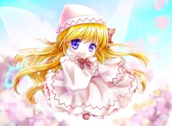 Rule 34 | 1girl, :d, blonde hair, blue eyes, blue sky, blurry, cherry blossoms, depth of field, dress, fairy wings, flying, hand on own cheek, hand on own face, hat, lily white, long hair, long sleeves, looking at viewer, open mouth, sky, smile, solo, touhou, tsukiori sasa, very long hair, wings