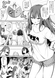 Rule 34 | 1boy, 3girls, absurdres, airandou, animal print, blush, brother and sister, cow print, dolphin, dragon, greyscale, highres, long hair, monochrome, multiple girls, original, shirt, short hair, shorts, siblings, sisters, speech bubble, standing, t-shirt, thighs, tiger, translation request