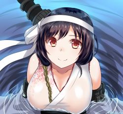 Rule 34 | 10s, 1girl, artist name, bad id, bad pixiv id, bare shoulders, black hair, breasts, collarbone, detached sleeves, eko, female focus, hair ornament, hairband, kantai collection, large breasts, looking at viewer, partially submerged, red eyes, see-through, short hair, smile, solo, traditional clothes, water, water surface, yamashiro (kancolle)