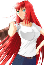 Rule 34 | 00s, 1girl, aozaki aoko, belt, blue eyes, breasts, denim, hair intakes, hand on own hip, highres, jeans, long hair, melty blood, pants, red hair, shirt, smile, solo, suitcase, tsukihime, white shirt, yuuk33