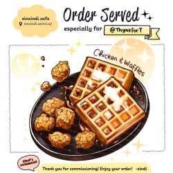 Rule 34 | butter, chicken (food), commission, english text, food, food focus, highres, no humans, original, plate, sparkle, still life, syrup, waffle, xindi