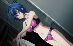 Rule 34 | 10s, 1girl, blue hair, bra, breasts, high school dxd, highres, panties, short hair, smile, solo, standing, stitched, third-party edit, underwear, xenovia quarta, yellow eyes
