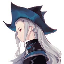 Rule 34 | 1girl, arknights, black jacket, blue hat, closed mouth, expressionless, forehead, from side, grey hair, hat, jacket, long hair, profile, red eyes, renren (ah renren), sidelocks, simple background, skadi (arknights), solo, tagme, tricorne, upper body, white background, white hair