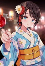 Rule 34 | 1girl, ahoge, alternate costume, black hair, blue eyes, blue kimono, blurry, blurry background, blurry foreground, blush, candy apple, closed mouth, commentary, dated, depth of field, festival, floral print, flower, food, hair flower, hair ornament, happy birthday, holding, holding food, hololive, japanese clothes, kimono, lantern, looking at viewer, obi, official art, oozora subaru, parted bangs, sash, shigure ui, short hair, smile, solo, upper body, virtual youtuber, watermark