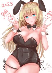 Rule 34 | 1girl, 2023, absurdres, alternate costume, animal ears, atago (kancolle), bare shoulders, black bow, black bowtie, black leotard, blonde hair, blush, bow, bowtie, breasts, carrot, cleavage, detached collar, hair between eyes, highres, kantai collection, large breasts, leotard, lokolokooo, long hair, looking at viewer, playboy bunny, rabbit, rabbit ears, rabbit tail, simple background, solo, tail, white background, wrist cuffs