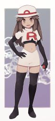 Rule 34 | 1girl, alternate costume, bad id, bad twitter id, black footwear, black gloves, black shirt, boots, breasts, brown hair, bucket hat, cosplay, creatures (company), cropped jacket, elbow gloves, formal, full body, game freak, gloves, hand on own hip, hat, highres, holding, holding poke ball, jacket, jessie (pokemon), jessie (pokemon) (cosplay), lamb-oic029, leaf (pokemon), long hair, looking at viewer, midriff, navel, nintendo, open mouth, outside border, poke ball, pokemon, pokemon (anime), pokemon frlg, porkpie hat, shirt, short sleeves, sidelocks, single letter, skirt, skirt suit, smile, solo, standing, suit, team rocket, team rocket uniform, thigh boots, thighhighs, white background, white jacket, white skirt, yellow eyes