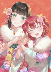 Rule 34 | 2girls, absurdres, artist request, black hair, closed eyes, female focus, furisode, green eyes, hair between eyes, hair ornament, happy, highres, japanese clothes, kimono, kurosawa ruby, long hair, love live!, love live! sunshine!!, multiple girls, new year, open mouth, red hair, short hair, siblings, smile, twintails