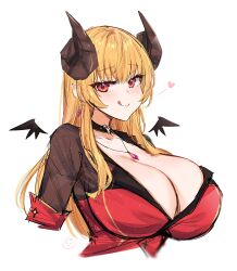 Rule 34 | 1girl, black choker, blonde hair, breasts, brown eyes, choker, cleavage, commentary, emu (confisery), english commentary, hair behind ear, heart, heart o-ring, highres, horns, indie virtual youtuber, jacket, jewelry, large breasts, licking lips, long hair, looking at viewer, necklace, o-ring, o-ring choker, red jacket, smile, solo, tane tenshi, tongue, tongue out, upper body, virtual youtuber, white background, wings