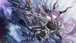 Rule 34 | 1girl, absurdres, arknights, arrow (projectile), bare shoulders, bare tree, black hairband, black shirt, bow (weapon), breasts, coat, compound bow, cowboy shot, drawing bow, forest, grey coat, hair between eyes, hairband, highres, holding, holding bow (weapon), holding weapon, horns, long hair, long sleeves, looking afar, nature, off shoulder, purple eyes, purple hair, red eyes, serious, shirt, sleeveless, sleeveless shirt, solo, split mouth, tree, typhon (arknights), unitaka, very long hair, weapon