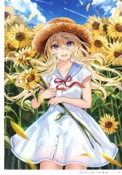 Rule 34 | 1girl, :d, absurdres, artist name, bare arms, blonde hair, blue eyes, blue sailor collar, blue sky, blush, border, bow, buttons, cloud, collarbone, contrail, cowboy shot, day, dress, eyelashes, field, floating hair, flower, flower field, hair between eyes, hat, highres, holding, holding flower, long hair, looking at viewer, open mouth, original, outdoors, page number, petals, red bow, sailor collar, sailor dress, short dress, short sleeves, sidelocks, sky, smile, solo, standing, straw hat, summer, sun hat, sunflower, sunflower field, tan (tangent), translated, very long hair, white dress, wind, yellow flower