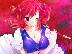 Rule 34 | 1girl, bad id, bad pixiv id, breasts, cleavage, female focus, flower, from above, kiseru, large breasts, one eye closed, onozuka komachi, petals, pink eyes, pink hair, smoking pipe, short hair, smile, solo, sorai mahiru, spider lily, touhou, twintails, two side up, upper body, wink