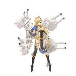Rule 34 | 1girl, belt, black thighhighs, blonde hair, breasts, cannon, capelet, chain, cleavage, clothing cutout, emblem, epaulettes, full body, gauntlets, green eyes, impossible clothes, large breasts, legs apart, machinery, official art, ponytail, remodel (warship girls r), side cutout, smile, solo, standing, stmast, sword, thighhighs, transparent background, turret, vanguard (warship girls r), warship girls r, weapon