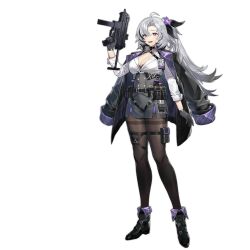 Rule 34 | 1girl, ahoge, apc9k (girls&#039; frontline), artist request, b&amp;t apc, b&amp;t apc9, black pantyhose, breasts, cleavage, flower, full body, girls&#039; frontline, gloves, grey hair, gun, hair flower, hair ornament, highres, jacket, jacket on shoulders, large breasts, long hair, looking at viewer, official art, pantyhose, ponytail, pouch, smile, solo, submachine gun, thigh pouch, thigh strap, thighband pantyhose, weapon