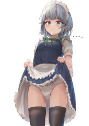 Rule 34 | 1girl, apron, black thighhighs, blue dress, blue eyes, braid, breasts, clothes lift, collared shirt, dress, dress lift, frilled apron, frills, grey hair, highres, izayoi sakuya, kubure, lifted by self, maid, maid apron, maid headdress, panties, shirt, short hair, short sleeves, simple background, small breasts, solo, thighhighs, touhou, twin braids, underwear, waist apron, white apron, white background, white panties, white shirt