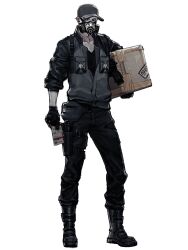 Rule 34 | 1boy, black footwear, black gloves, black headwear, black pants, boots, box, dairoku ryouhei, full body, gas mask, gloves, grey jacket, gun, highres, holding, holding box, holster, jacket, k0gam1, looking at viewer, male focus, mask, pants, pocket, pouch, shoulder holster, solo, sora fujimine, standing, thigh holster, thigh strap, transparent background, weapon