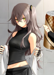 Rule 34 | 1girl, bare shoulders, black gloves, blush, breasts, can, closed mouth, fingerless gloves, girls&#039; frontline, gloves, grey hair, hair between eyes, highres, holding, holding can, long hair, looking at viewer, monokuro (sekahate), navel, one side up, pov, pov hands, scar, scar across eye, scar on face, skirt, solo focus, ump45 (girls&#039; frontline), undressing, yellow eyes