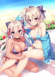 Rule 34 | 2girls, :&lt;, ahoge, arm up, ayuma sayu, beach, bikini, black bikini, black bow, blue bikini, blush, bow, breasts, cleavage, closed mouth, collarbone, commentary request, dark-skinned female, dark skin, day, fate/grand order, fate (series), flower, front-tie bikini top, front-tie top, hair between eyes, hair bow, halterneck, large breasts, long hair, looking at viewer, multiple girls, navel, ocean, off shoulder, okita souji (fate), okita souji (koha-ace), okita souji alter (fate), outdoors, parted lips, purple eyes, sand, shiny skin, side-tie bikini bottom, sidelocks, sitting, skindentation, smile, strap gap, string bikini, swimsuit, wariza, water, white hair, yellow eyes
