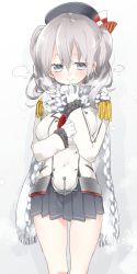 Rule 34 | 10s, 1girl, blue eyes, breath, epaulettes, gloves, hat, highres, kantai collection, kashima (kancolle), military, military uniform, scarf, short twintails, simple background, sino (sionori), solo, twintails, uniform, white background, white hair