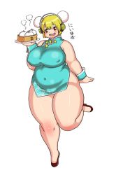 Rule 34 | 1girl, blonde hair, blush, breasts, brown eyes, china dress, chinese clothes, dress, fat, full body, headphones, huge breasts, jewelry, kjmvideo, looking at viewer, necklace, nitroplus, open mouth, plump, shoes, short hair, smile, solo, star (symbol), super pochaco, swimsuit, thick thighs, thighs, wide hips