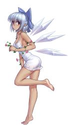 Rule 34 | 1girl, armpits, ass, bare arms, bare legs, bare shoulders, barefoot, blue bow, blue eyes, blue hair, bow, breasts, cirno, cleavage, closed mouth, collarbone, commentary, detached wings, dress, expressionless, feet, flower, hair bow, half updo, hater (hatater), highres, ice, ice wings, leaning forward, leg up, no bra, plant, pointy ears, short hair, simple background, sleeveless, sleeveless dress, small breasts, soles, solo, standing, sundress, tan, tanline, tanned cirno, tareme, touhou, vines, white background, white dress, wings