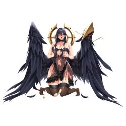 Rule 34 | 1girl, ahegao, areola slip, babydoll, bare arms, bare shoulders, between breasts, black choker, black feathers, black hair, black negligee, black wings, bottle, bottle cap, breasts, breasts squeezed together, brown thighhighs, choker, cleavage, collarbone, covered erect nipples, defeat, dress, falling feathers, feathered wings, feathers, frilled negligee, frills, full body, hair between eyes, hair over breasts, halo, highres, huge breasts, kloah, kneeling, last origin, linea alba, lingerie, long hair, nail polish, navel, negligee, no panties, official alternate costume, official art, open mouth, purple eyes, purple nails, revealing clothes, saliva, saraqael (last origin), see-through, see-through dress, sexually suggestive, sidelocks, simple background, solo, spill, suggestive fluid, tachi-e, thick thighs, thighhighs, thighs, tongue, tongue out, torn clothes, torn dress, torn thighhighs, transparent background, underwear, wing ornament, wings, zettai ryouiki