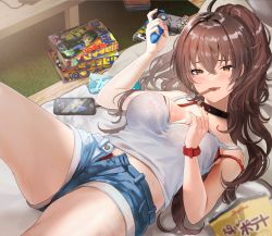 Rule 34 | 1girl, bare shoulders, bra, bra visible through clothes, breasts, brown eyes, brown hair, cable, cellphone, choker, cleavage, commentary request, controller, crossed bangs, denim, denim shorts, food, game controller, hair between eyes, high ponytail, highres, hominamia, in mouth, large breasts, long hair, looking at viewer, lying, nail polish, on back, open fly, original, panties, phone, pink nails, red bra, red panties, short shorts, shorts, smartphone, strap slip, sweat, table, thighs, underwear, watch