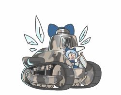 Rule 34 | 1girl, :d, blue eyes, blue hair, bow, caterpillar tracks, cirno, dress, ft-17, hair bow, ice, ice wings, kaifriend, matching hair/eyes, military, military vehicle, motor vehicle, open mouth, pun, ribbon, short hair, smile, solo, tank, touhou, vehicle, wings