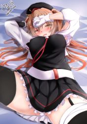 Rule 34 | 1girl, artist name, bed sheet, black shirt, black skirt, black thighhighs, blonde hair, blush, breasts, commentary request, garter belt, giraffe (ilconte), gloves, hair between eyes, hand on own face, heterochromia, highres, kantai collection, long hair, long sleeves, looking at viewer, lying, medium breasts, murasame (kancolle), murasame kai ni (kancolle), neckerchief, on back, open mouth, red eyes, red neckerchief, shirt, signature, skirt, solo, spread legs, thighhighs, white gloves, yellow eyes