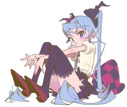 Rule 34 | &gt;:t, 1girl, :t, annoyed, blouse, blue eyes, blue hair, checkered pillow, hair ribbon, hatsune miku, high heels, long hair, looking at viewer, pout, puffy cheeks, ribbon, shirt, sitting, skirt, solo, thighhighs, twintails, v-shaped eyebrows, very long hair, vivinos, vocaloid, world is mine (vocaloid), zettai ryouiki