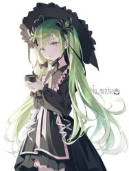 Rule 34 | 1girl, ahoge, bad id, bad twitter id, black bow, black dress, borrowed character, bow, braid, braided bangs, collar, cup, double bun, dress, frills, green eyes, green hair, green tea, hair bow, hair bun, hat, highres, holding, holding cup, long hair, looking at viewer, nabi (uz02), original, parted lips, simple background, solo, striped, striped bow, tea, teacup, very long hair, white background