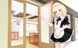 Rule 34 | 1boy, :d, apron, black dress, blonde hair, blush, ceiling light, chain, commentary request, crossdressing, door, dress, frilled apron, frills, glass door, green eyes, hand up, head tilt, looking at viewer, maid apron, maid headdress, male focus, nijisanji, open mouth, outdoors, pleated dress, puffy short sleeves, puffy sleeves, shirihime, short dress, short sleeves, smile, solo, standing, suzuya aki, table, teeth, trap, upper teeth only, virtual youtuber, waitress, white apron, window, wooden floor