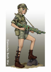 Rule 34 | 1girl, absurdres, aqua eyes, assault rifle, belt pouch, blonde hair, boots, border, braid, camouflage, camouflage headwear, camouflage shirt, collared shirt, commentary, english commentary, english text, full body, gradient background, green shirt, green shorts, gun, hat, highres, holding, holding gun, holding weapon, knife, leather, leather boots, leg belt, looking at viewer, mardjan, medium hair, open mouth, outside border, pouch, rifle, shirt, short shorts, shorts, sidelocks, simple background, single braid, sleeves rolled up, solo, standing, stepped on, thighhighs, warhammer 40k, weapon, white border, wing collar