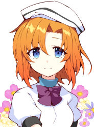 Rule 34 | 1girl, beret, blue eyes, blue flower, bob cut, bow, bowtie, close-up, closed mouth, commentary request, dress, eyelashes, eyes visible through hair, floral background, flower, hair between eyes, hat, higurashi no naku koro ni, looking at viewer, orange hair, pink flower, puffy short sleeves, puffy sleeves, purple bow, purple bowtie, ryuuguu rena, short hair, short sleeves, simple background, smile, solo, suzuragi karin, tareme, white background, white dress, white hat, yellow flower