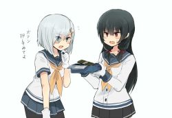 Rule 34 | 10s, 2girls, annin musou, bad id, bad twitter id, black hair, blue eyes, box, commentary request, flying sweatdrops, gloves, hair ornament, hairclip, hamakaze (kancolle), isokaze (kancolle), kantai collection, long hair, long sleeves, multiple girls, neckerchief, open box, open mouth, pantyhose, pleated skirt, red eyes, school uniform, serafuku, short hair, short sleeves, sidelocks, silver hair, skirt, sweatdrop, translated, white background, yellow neckerchief