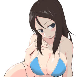 Rule 34 | 1girl, bikini, black hair, blue bikini, blue eyes, blush, breasts, cleavage, girls und panzer, hand on own chest, head tilt, highres, large breasts, leaning to the side, long hair, looking at viewer, nonna (girls und panzer), open mouth, simple background, skindentation, solo, swept bangs, swimsuit, twitter username, white background, yabai gorilla