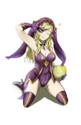 Rule 34 | 1girl, absurdres, alternate costume, armpits, bare shoulders, blonde hair, breasts, cosplay, egg, fire emblem, fire emblem fates, fire emblem heroes, gluteal fold, high heels, highres, holding, large breasts, loki (fire emblem), loki (fire emblem) (cosplay), long hair, looking at viewer, nintendo, one eye closed, ophelia (fire emblem), thighhighs, vidolus, white background