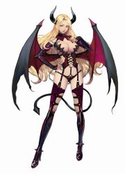 Rule 34 | 1girl, artist request, bat wings, belt, blonde hair, blue eyes, boots, breasts, chain, cleavage, demon girl, high heels, highres, horns, long hair, nail polish, rengoku no crusade, shoes, solo, demon girl, tail, wings
