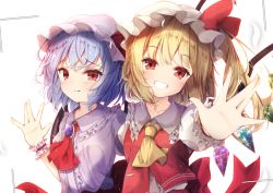 Rule 34 | 2girls, ascot, blonde hair, blue hair, blush, clenched teeth, closed mouth, crystal, flandre scarlet, hat, looking at viewer, madotsukumo, mob cap, multiple girls, red ascot, red eyes, remilia scarlet, short hair, side ponytail, smile, teeth, touhou, white headwear, wings, wrist cuffs, yellow ascot