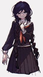 Rule 34 | 1girl, braid, clenched hand, closed mouth, collared shirt, commentary request, cropped legs, danganronpa: trigger happy havoc, danganronpa (series), eyelashes, frown, fukawa toko, glasses, hair over shoulder, hand on own chest, highres, long hair, long skirt, long sleeves, looking at viewer, low twin braids, mole, mole under mouth, neckerchief, pleated skirt, purple eyes, purple hair, purple serafuku, purple shirt, purple skirt, purple sleeves, red neckerchief, round eyewear, sailor collar, school uniform, serafuku, shirt, simple background, skirt, solo, twin braids, very long hair, white background, white sailor collar, ze ro saiji