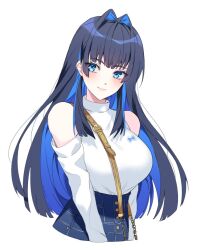 Rule 34 | 1girl, bag, bare shoulders, blue eyes, blue hair, blunt bangs, blunt ends, breasts, closed mouth, clothing cutout, colored inner hair, dark blue hair, earrings, hair intakes, handbag, high-waist pants, highres, hololive, hololive english, jewelry, large breasts, long sleeves, multicolored hair, official alternate costume, ouro kronii, ouro kronii (casual), pants, rio (rio773), shoulder cutout, smile, sweater, sweater tucked in, turtleneck, turtleneck sweater, upper body, v arms, virtual youtuber, white sweater