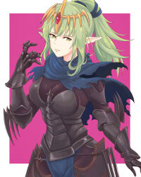 Rule 34 | 1girl, absurdres, armor, breastplate, breasts, cleavage, fire emblem, fire emblem fates, gauntlets, green eyes, green hair, hair ornament, highres, large breasts, long hair, looking at viewer, medium breasts, nintendo, pink background, pointy ears, ponytail, ribbon, scarf, solo, tiara, tiki (adult) (fire emblem), tiki (fire emblem), truejekart