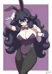 Rule 34 | 1girl, @ @, alternate breast size, alternate costume, animal ears, bare shoulders, black hair, black pantyhose, border, bow, bowtie, breasts, cleavage, closed mouth, commentary request, creatures (company), curvy, detached collar, detached sleeves, fake animal ears, game freak, garloo, hair between eyes, hex maniac (pokemon), highleg, highleg leotard, highres, large breasts, leotard, long hair, looking at viewer, nintendo, outside border, pantyhose, playboy bunny, pokemon, pokemon xy, purple background, purple bow, purple bowtie, purple eyes, purple leotard, purple sleeves, rabbit ears, shaded face, shiny clothes, signature, simple background, smile, solo, strapless, strapless leotard, thighs, very long hair, wavy hair, white border, wide hips, wrist cuffs