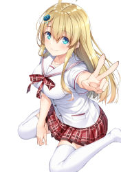 Rule 34 | 1girl, ahoge, blonde hair, blue eyes, blush, bow, breasts, cat hair ornament, closed mouth, commentary request, copyright request, hair between eyes, hair ornament, hairclip, long hair, looking at viewer, medium breasts, no shoes, official art, plaid, plaid bow, plaid skirt, pleated skirt, red bow, red skirt, sailor collar, school uniform, serafuku, shirt, short sleeves, simple background, sitting, skirt, smile, solo, thighhighs, v, very long hair, wariza, white background, white sailor collar, white shirt, white thighhighs, x hair ornament, yuuri nayuta