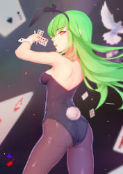 Rule 34 | 1girl, animal ears, arm up, ass, back, bare arms, bare shoulders, bird, black hairband, black leotard, black pantyhose, breasts, c.c., card, code geass, cowboy shot, fake animal ears, from behind, green hair, hairband, half-closed eye, highres, holding, holding card, kugutsu (961598140), legs apart, leotard, long hair, looking at viewer, looking back, medium breasts, open mouth, pantyhose, playboy bunny, rabbit ears, rabbit girl, rabbit tail, revision, shoulder blades, sideboob, solo, standing, strapless, strapless leotard, tail, uneven eyes, wrist cuffs, yellow eyes