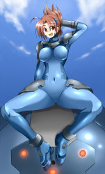 Rule 34 | 00s, 1girl, ahoge, arm up, bodysuit, brown hair, covered navel, latex, looking at viewer, lyrical nanoha, mahou shoujo lyrical nanoha, mahou shoujo lyrical nanoha strikers, ment, numbers (nanoha), ponytail, red eyes, sitting, skin tight, solo, spread legs, wendi (nanoha)