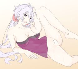 Rule 34 | 10s, 1girl, :d, ahoge, bare shoulders, barefoot, bottomless, breasts, cameltoe, cleavage, covered navel, tucking hair, hand on own head, highres, long hair, looking at viewer, maebari, open mouth, purple eyes, purple hair, samata motoki, senki zesshou symphogear, sketch, smile, solo, spread legs, tape, tape on pussy, very long hair, yukine chris