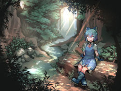 Rule 34 | 1girl, blue eyes, blue footwear, blue hair, boots, bow, cirno, dress, forest, gloves, hair bow, highres, looking to the side, nature, nyong nyong, outdoors, scenery, sunlight, touhou, tree, wings