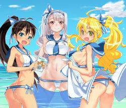 Rule 34 | 3girls, :d, ass, asymmetrical bangs, black hair, blonde hair, blue eyes, bow, breasts, covered erect nipples, cowboy shot, day, fang, ganaha hibiki, gluteal fold, hair bow, hairband, heart, heart-shaped pupils, heart in mouth, heart tongue, highres, hoshii miki, idolmaster, idolmaster (classic), kokugo, large breasts, long hair, looking at viewer, looking back, medium breasts, multiple girls, navel, ocean, open mouth, partially submerged, pink eyes, ponytail, sailor collar, sailor swimsuit (idolmaster), shijou takane, side ponytail, sideboob, silver hair, sky, smile, symbol-shaped pupils, thong, tongue, very long hair, wading, water, wavy hair, yellow eyes